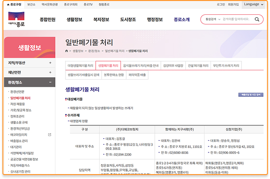 지역별 배출방법 해당 지자체 페이지 이미지